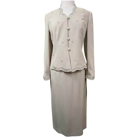 NEW Emily Petite 2 Pc Suit Skirt Jacket Womens 10 Tan Bisque Mother of the Bride - Picture 1 of 14
